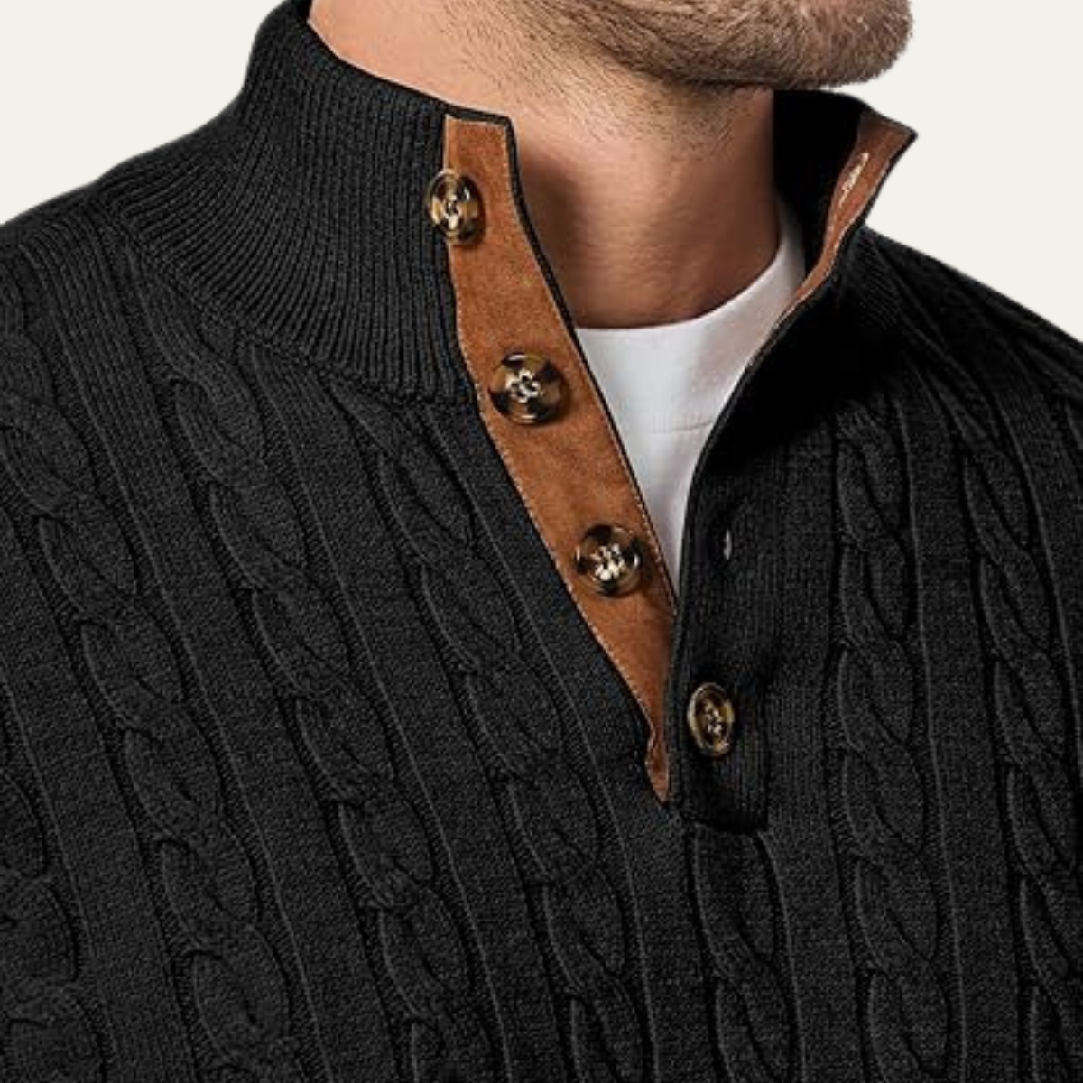 The Stamford – Pull homme col montant en maille torsadée