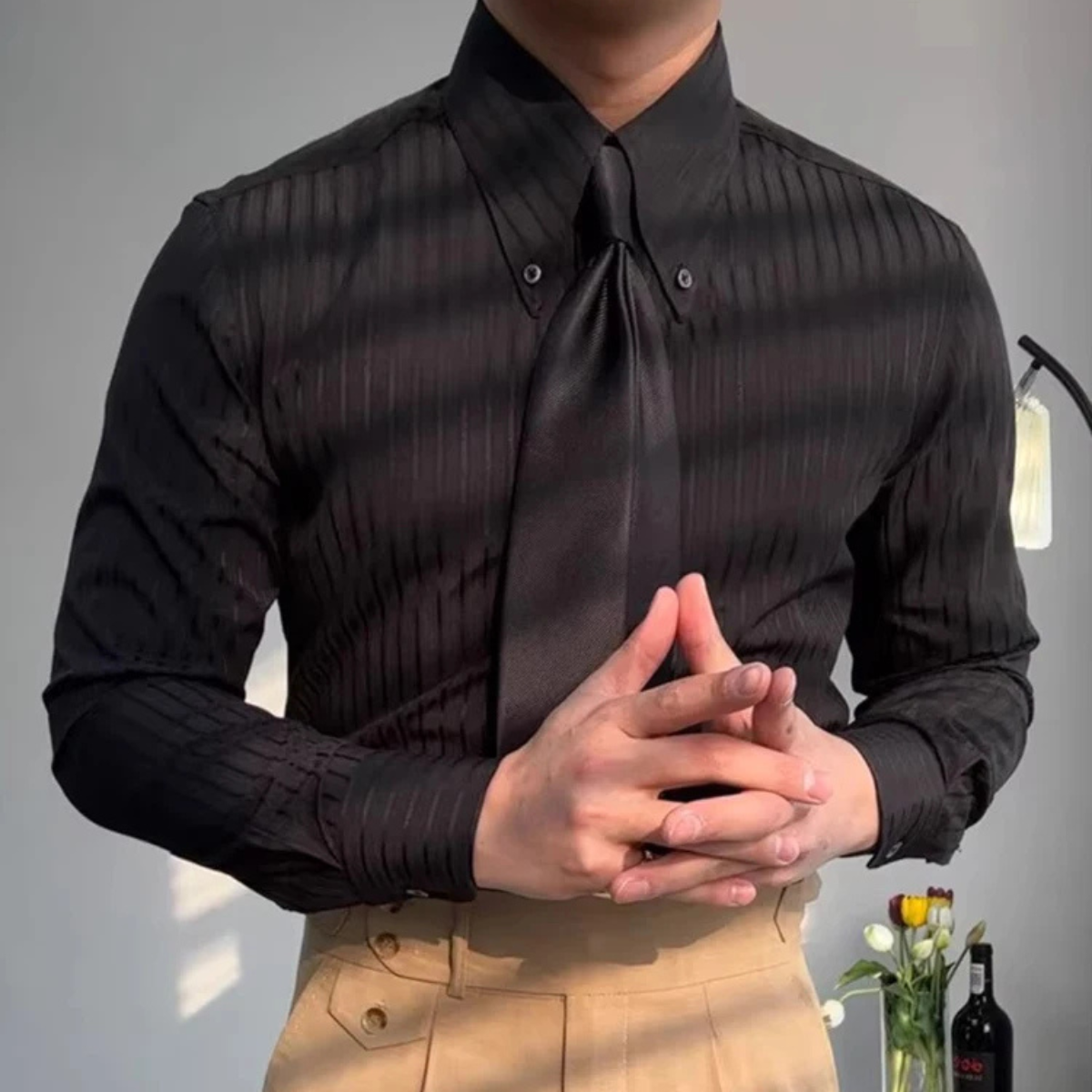 The Palermo - Chemise de Costume Formelle à Boutons Plissée Texturée pour Homme – Noir
