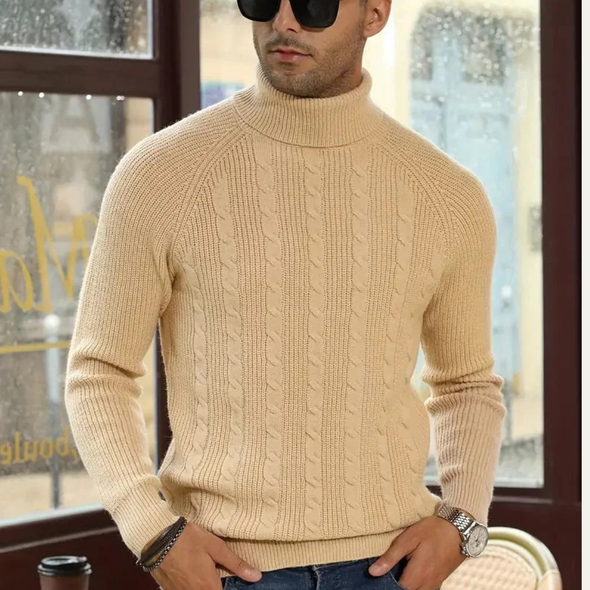The Richemont Pull col roulé en maille torsadée pour homme style élégant et chaud - Beige