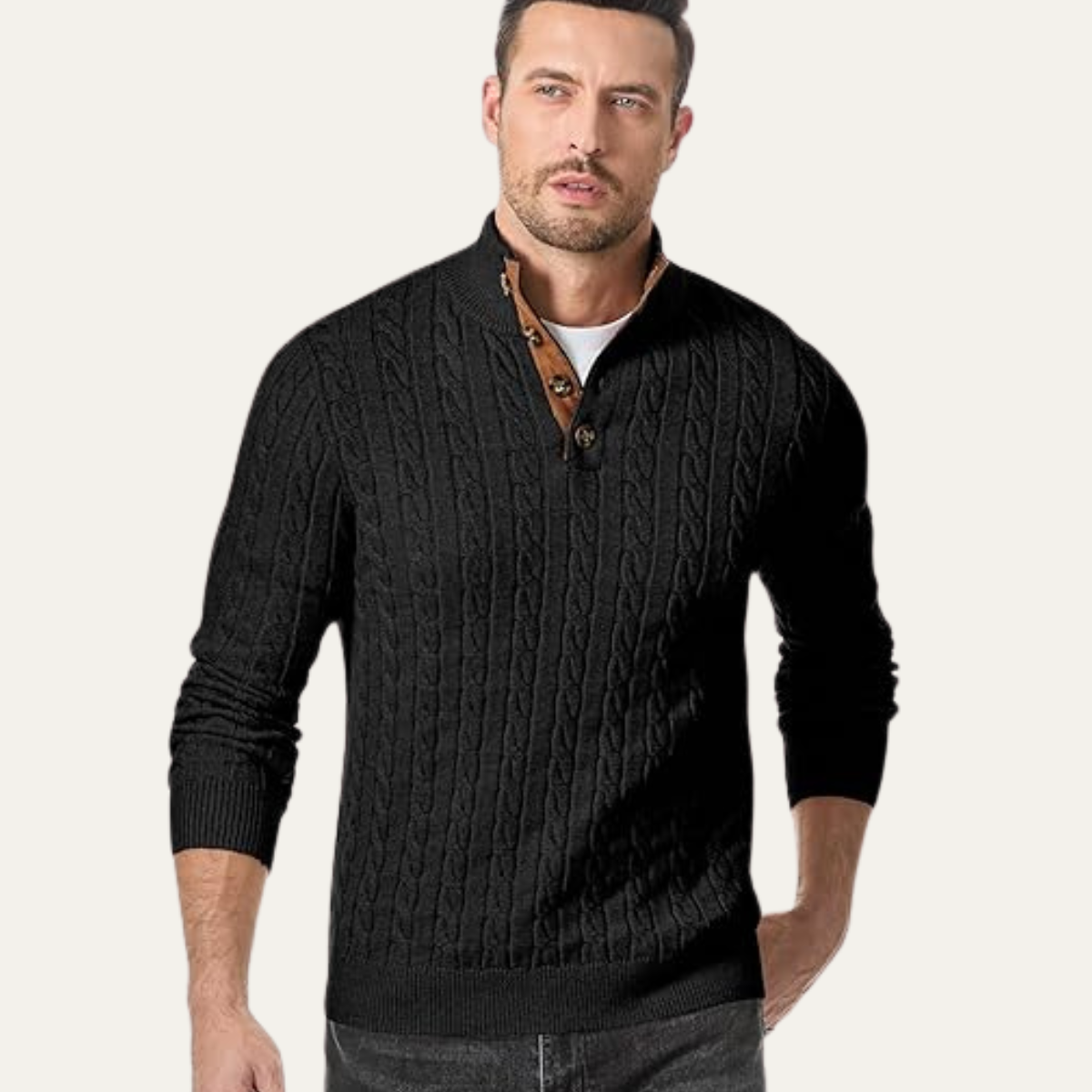 The Stamford – Pull homme col montant en maille torsadée