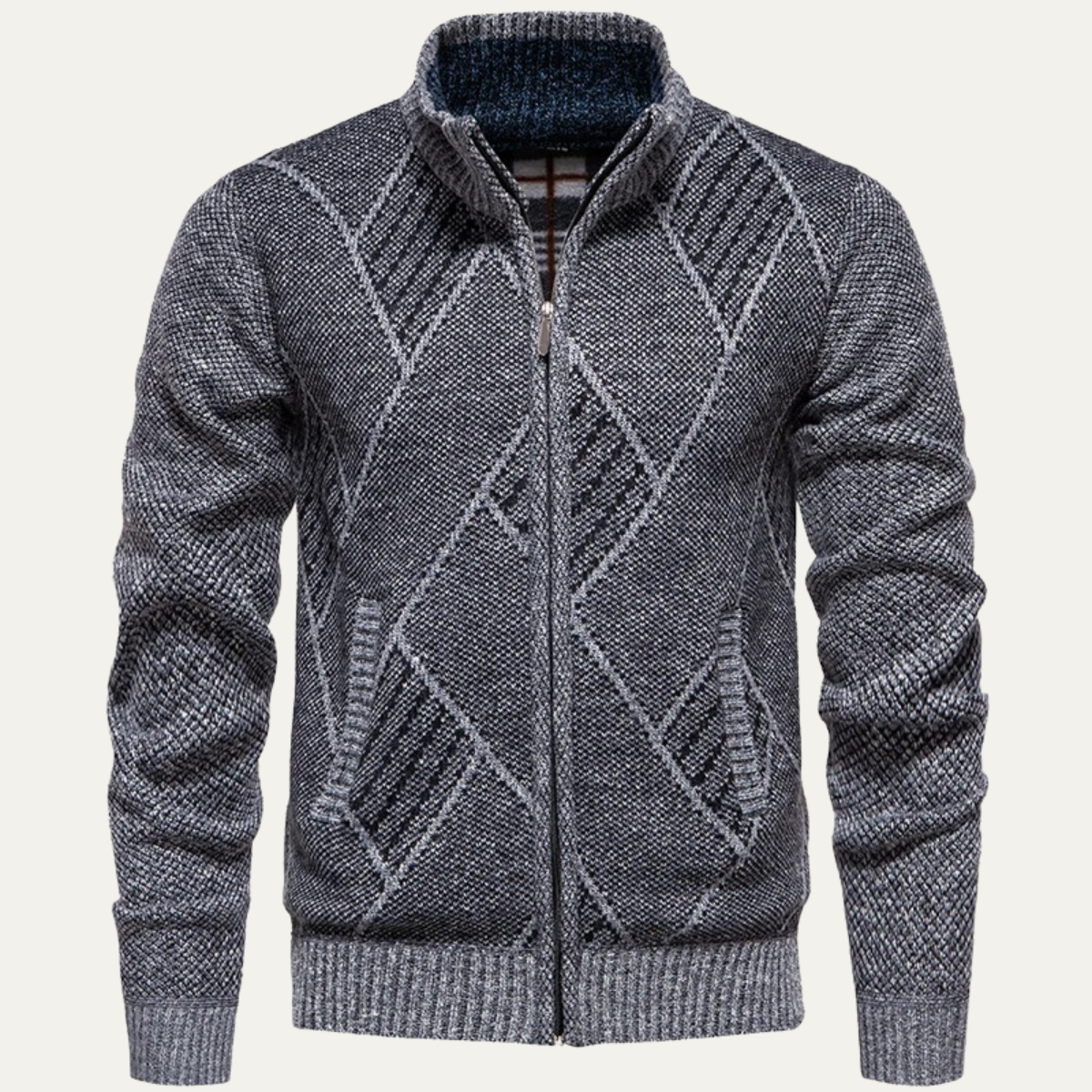 The Amalfi Cardigan zippé en tricot pour homme avec motif à losanges et doublure en polaire