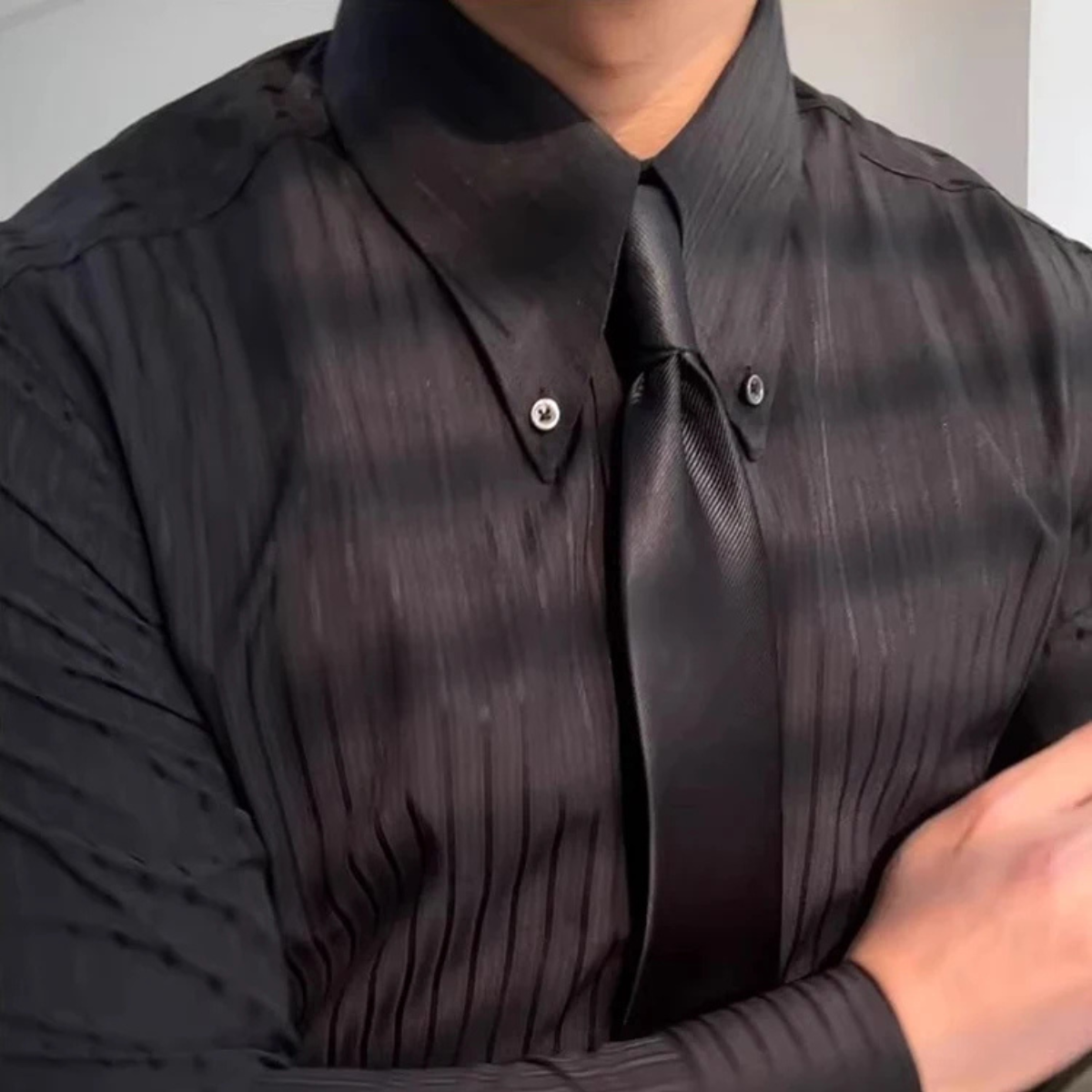 The Palermo - Chemise de Costume Formelle à Boutons Plissée Texturée pour Homme – Noir