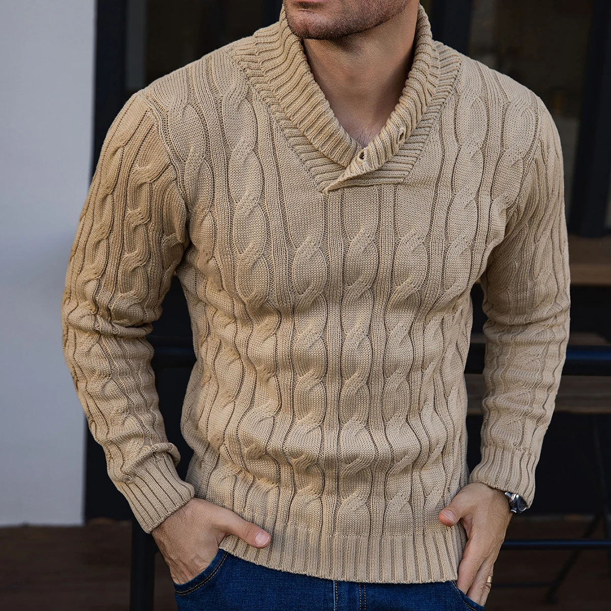 The Bevagna - Pull à Col Châle en Tricot Câble pour Homme