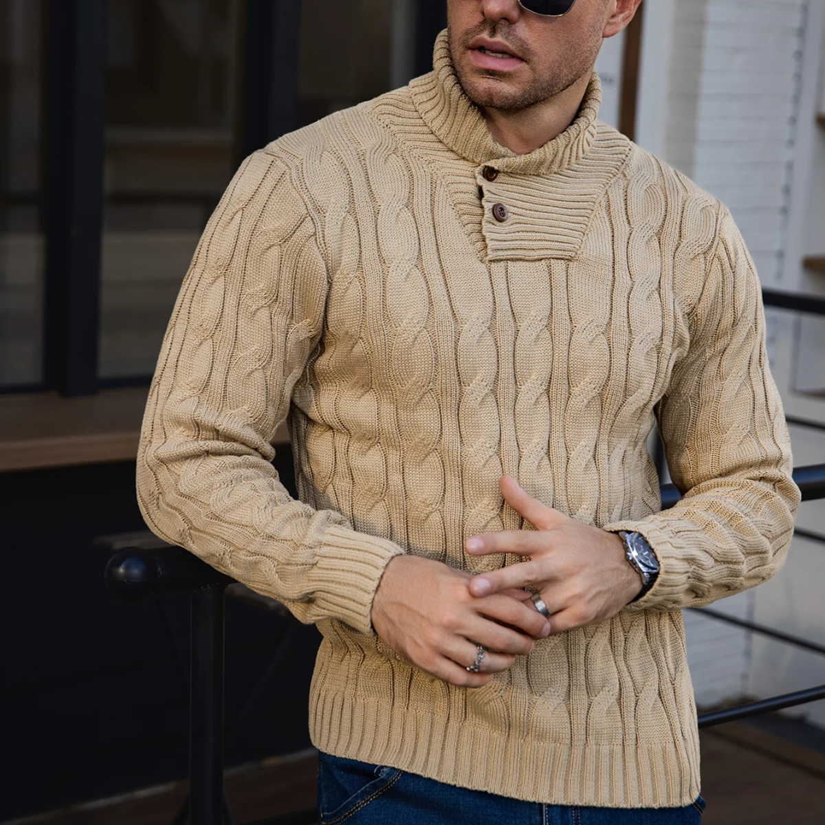 The Bevagna - Pull à Col Châle en Tricot Câble pour Homme