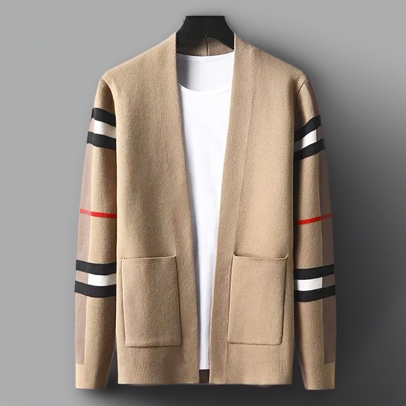 The Whitstable The Cornwall Cardigan ouvert pour homme – Pull en maille à manches rayées