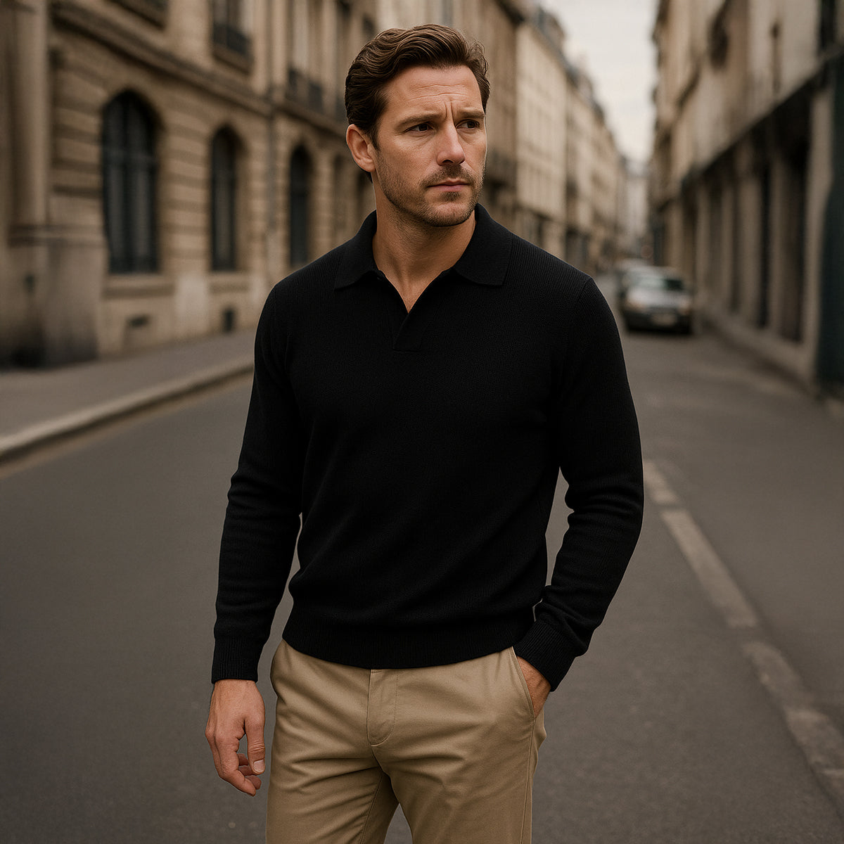 The Portofino - Polo à manches longues en tricot pour homme - Col ouvert