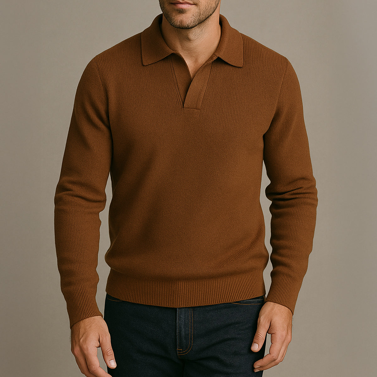 The Portofino - Polo à manches longues en tricot pour homme - Col ouvert