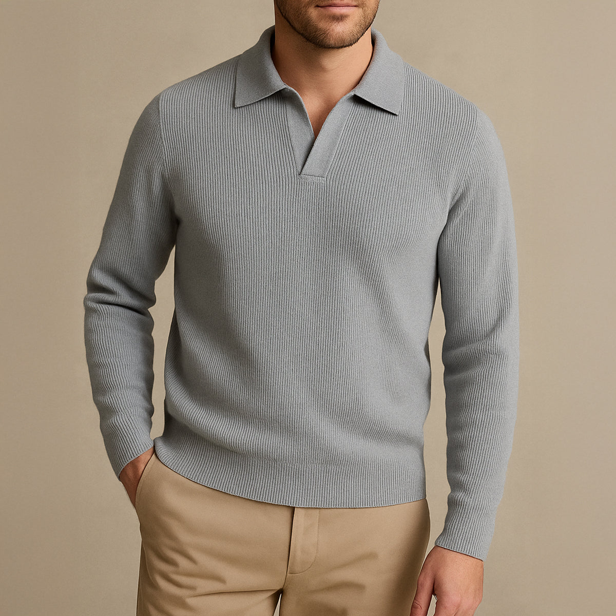 The Portofino - Polo à manches longues en tricot pour homme - Col ouvert