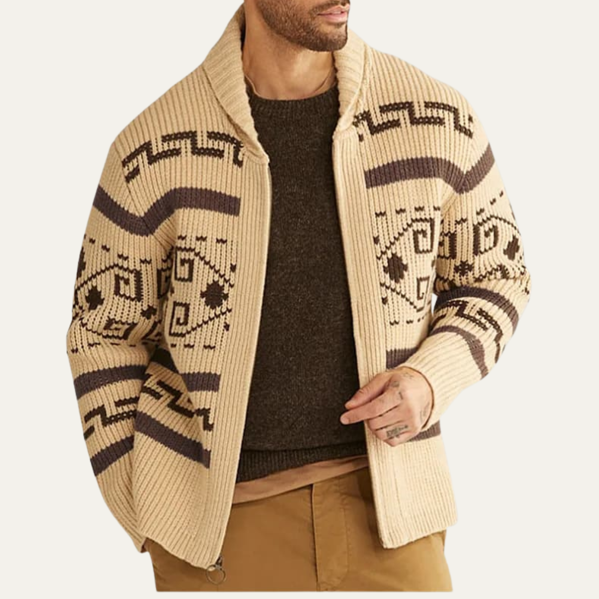 The Corvara - Cardigan d'hiver pour homme avec col châle et motif aztèque