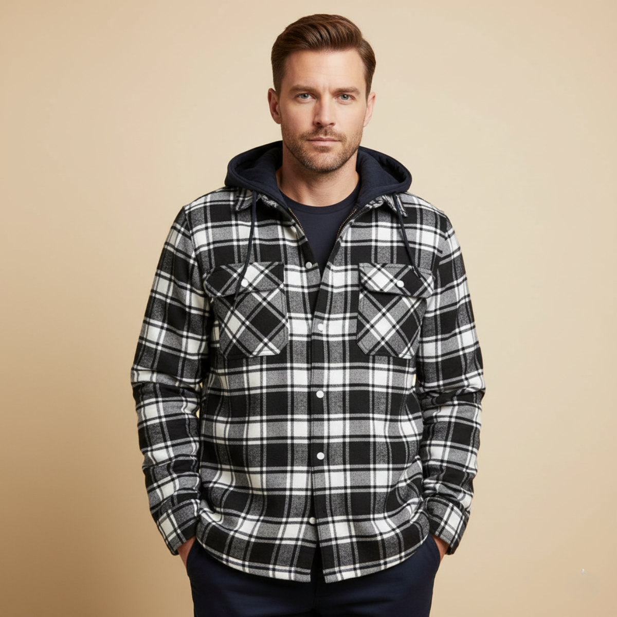 The Cinque Terre Veste d'hiver décontractée à carreaux avec doublure en polaire et capuche pour homme