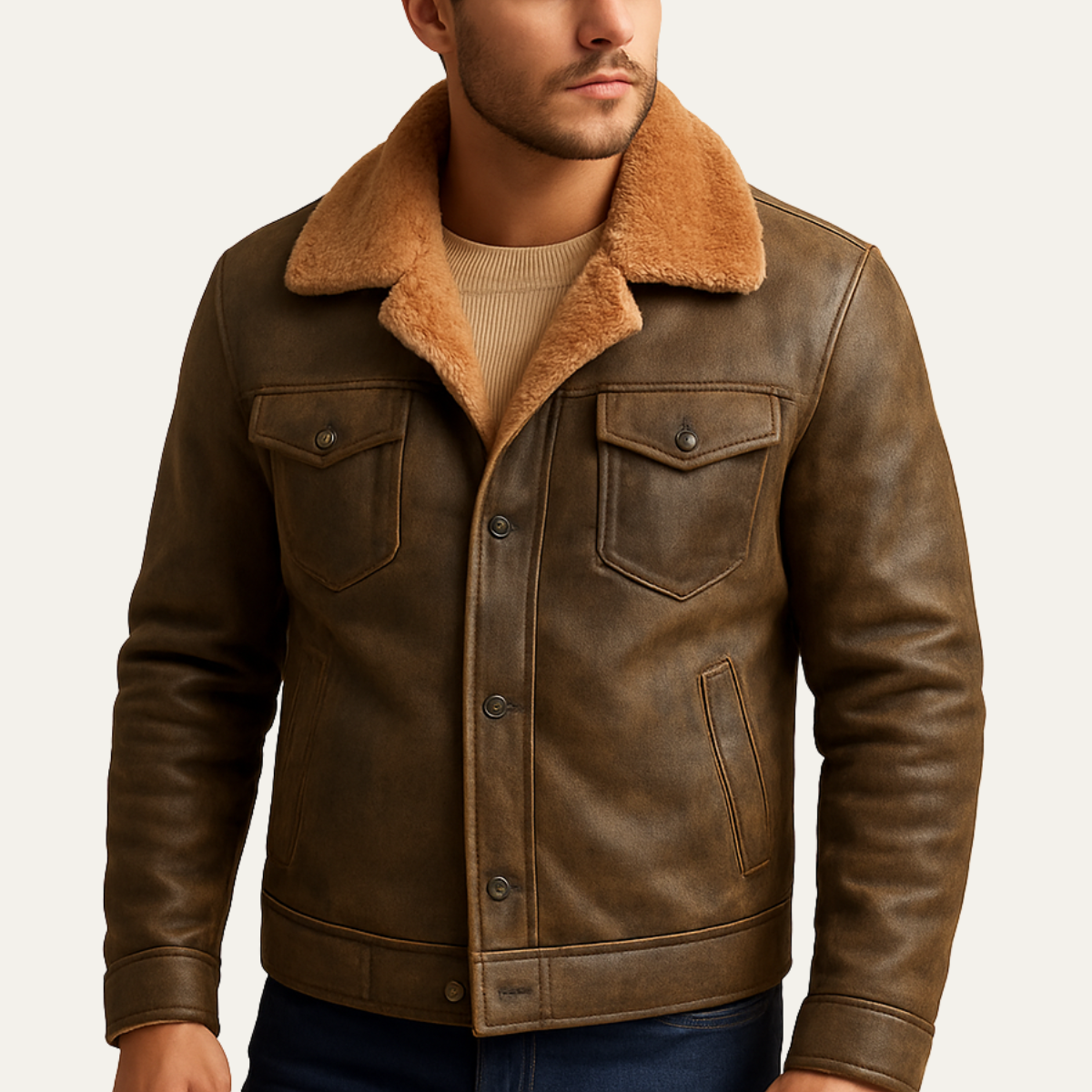 The Breuil - Veste en Cuir Biker en Laine de Mouton pour Homme