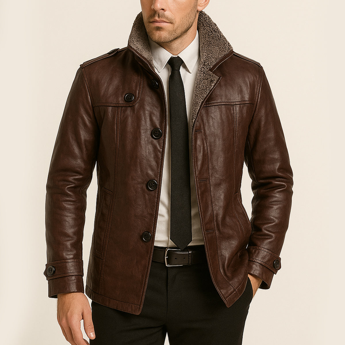 The La Spezia - Veste d'hiver en cuir pour homme, doublée polaire chaude, avec col montant