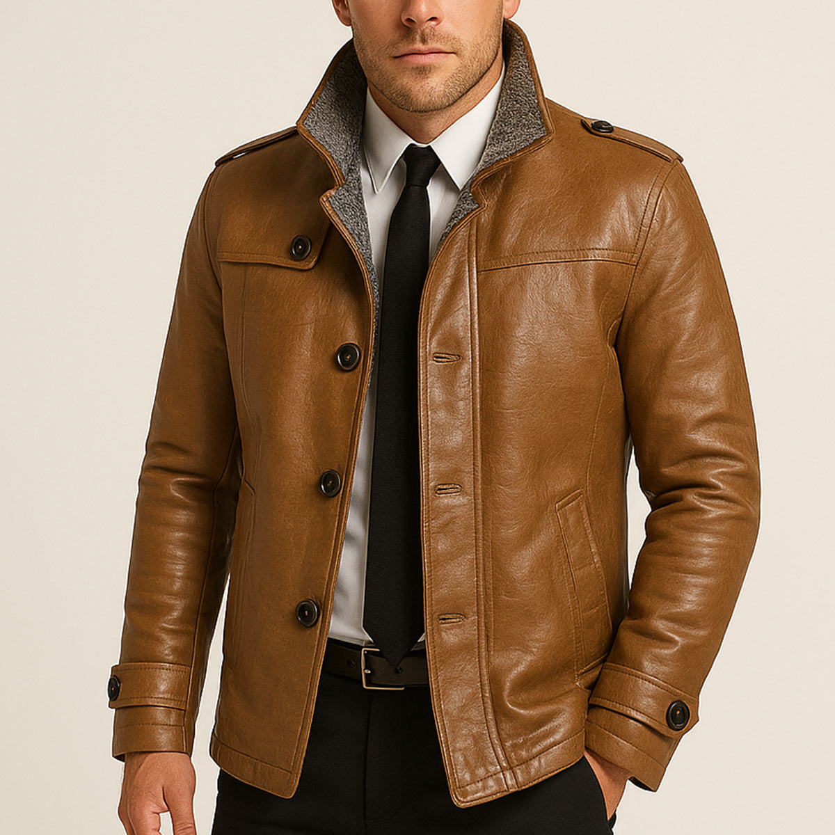 The La Spezia - Veste d'hiver en cuir pour homme, doublée polaire chaude, avec col montant